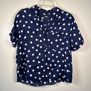 Anthropologie Maeve Linen Navy Polka Dot Top Women's Small Buttondown Surf Shirt